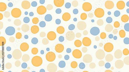 Soft polka dot pattern with orange, blue, and beige circles on light background, creating playful and cheerful design. dots are evenly spaced and vary in size