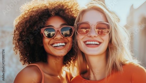Friends Enjoying Sunny Day Outdoors While Wearing Stylish Sunglasses and Smil...