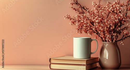 Beautiful Morning Light Illuminating a Cozy Coffee Setup With Flowers and Books