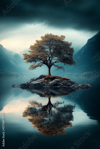 Lone tree on island in still water, tranquil landscape with mirror reflection and moody mountain backdrop
