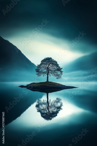 Lone tree on island in still water, tranquil landscape with mirror reflection and moody mountain backdrop
