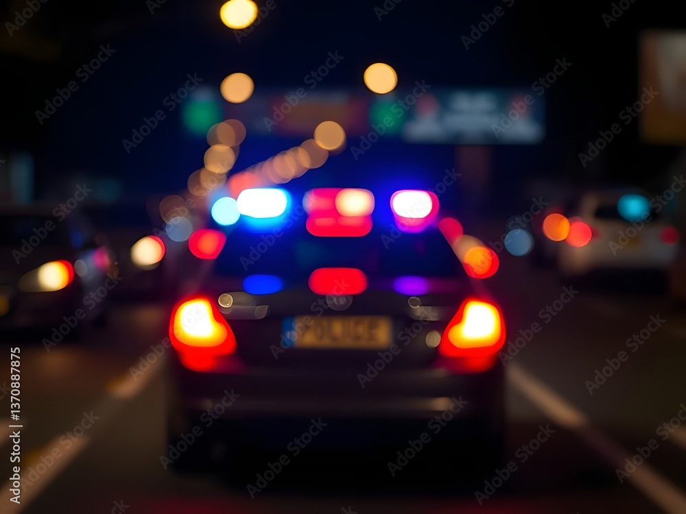 Fototapeta premium Police Car Driving at Night with Emergency Lights Blurring, Night Traffic, City Lights, Road Safety