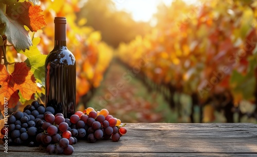 Bottled Wine Stands Proudly Among Fresh Grapes in Vineyard During Golden Hour