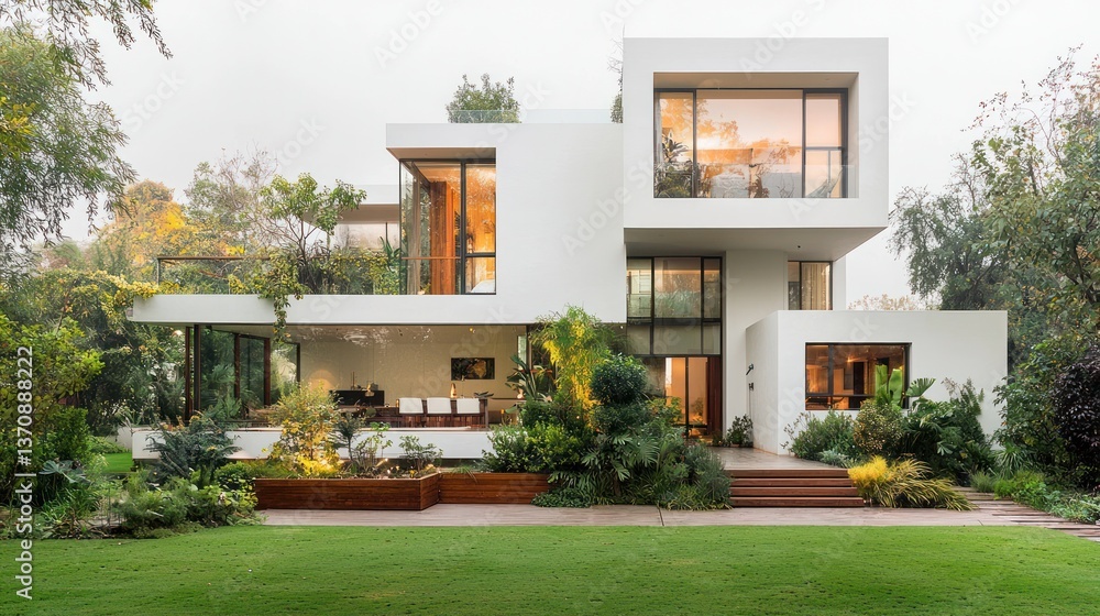 Naklejka premium Modern white house with lush landscaping