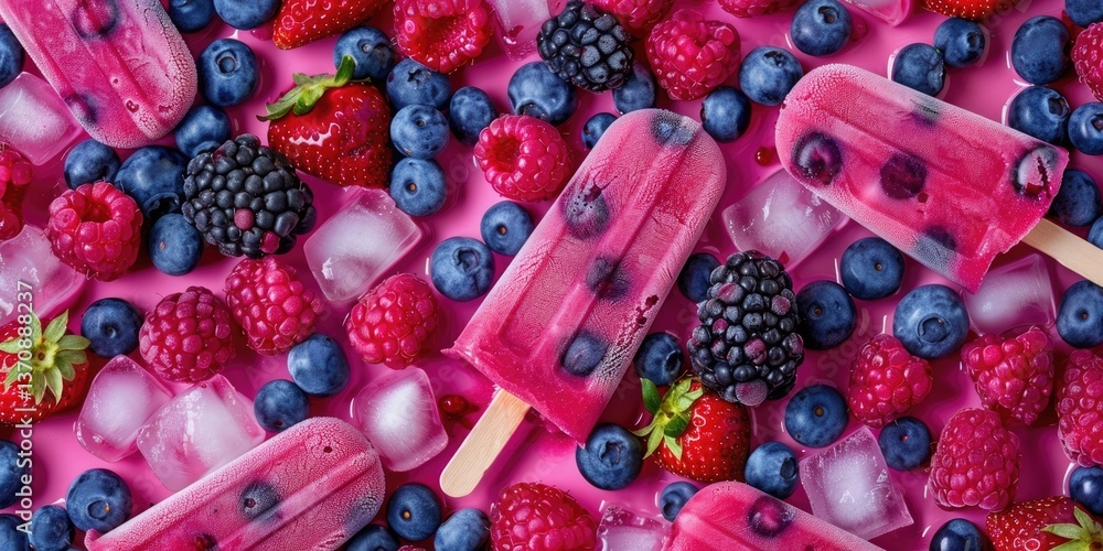 horizontal summer banner, bright pink ice cream on a stick, fresh berries, ice cubes, juicy saturated shades, pink background, poster for an ice cream shop horizontal summer banner, bright pink ice cream on a stick, fresh berries, ice cubes, juicy saturated shades, pink background, poster for an ice cream shop