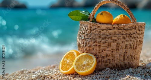 Obraz na płótnie Vibrant Oranges and a Woven Basket on a Sunlit Beach Near Turquoise Waters w salonie