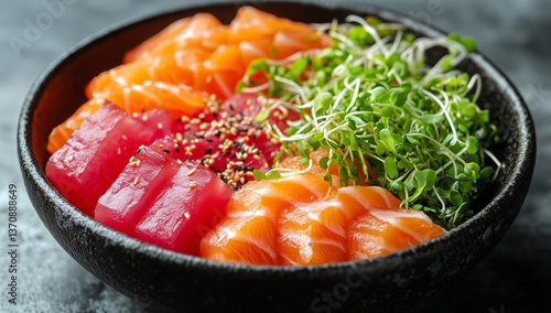 Fresh Sashimi Bowl With Colorful Seafood and Garnish Arranged Artistically
