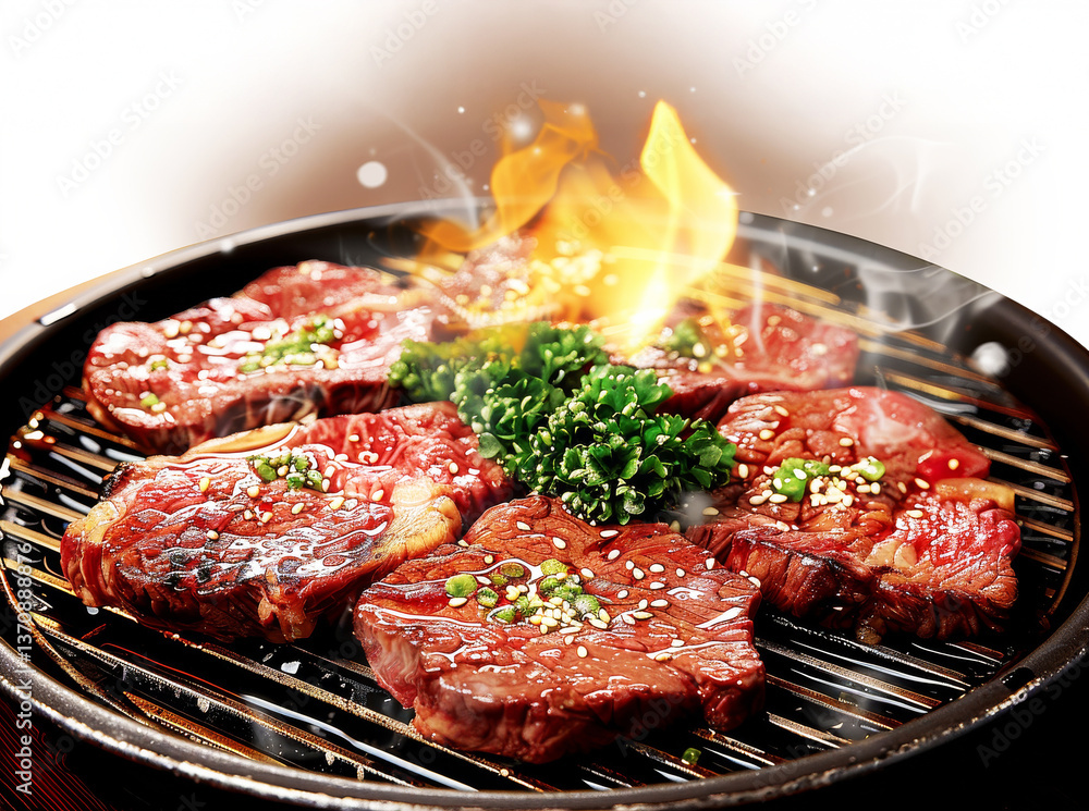 Φωτογραφία Sizzling Steak Culinary Delights: Mouthwatering, perfectly grilled steaks sizzle on the barbecue, their savory aroma enhanced by flames and garnished with fresh herbs