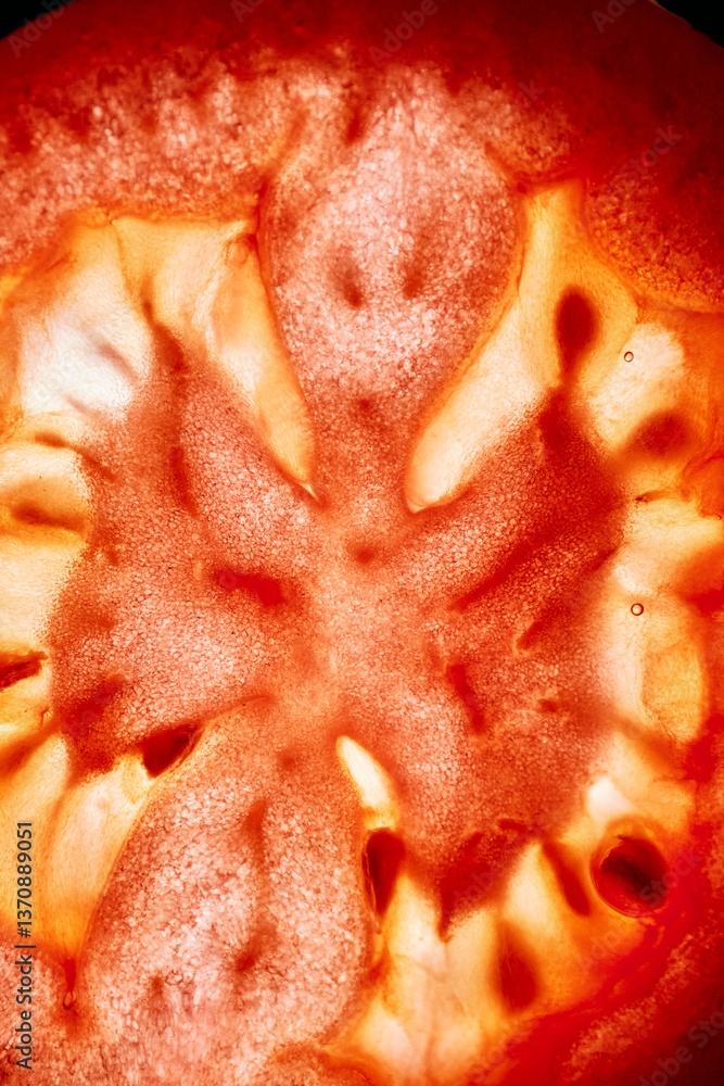 Abstract Macro Close-Up of Tomato Flesh and Seed Cavities. Juicy Interior Texture in Warm Red and Orange Tones. Abstract Macro Close-Up of Tomato Flesh and Seed Cavities. Juicy Interior Texture in Warm Red and Orange Tones.