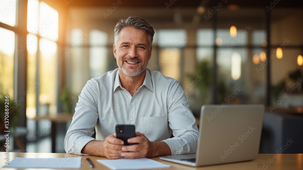 Mature Hispanic Businessman CEO Using Mobile App and Laptop in Office Mature Hispanic Businessman CEO Using Mobile App and Laptop in Office