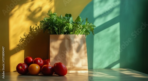 Fresh Vegetables in a Paper Bag Against Colorful Wall Background in Natural L...