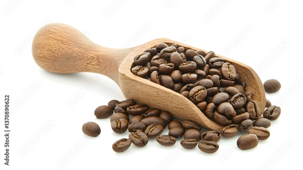 Obraz premium Roasted Coffee Beans in Wooden Scoop Isolated on White Background
