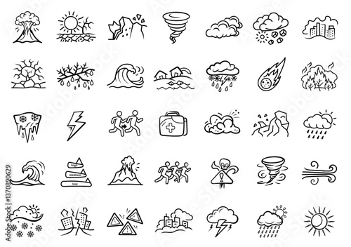 Set of 30 Outline Icons Depicting Natural Disasters and Emergencies