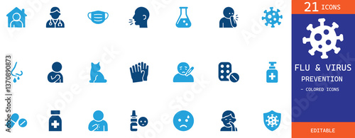 Flu and virus prevention colored icon set. Includes mask, sanitizer, doctor, symptoms, medicine, and virus icons. Perfect for medical, health, hygiene, and awareness design projects