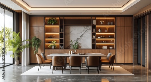 Elegant Modern Conference Room With Wooden Accents and Natural Light Overlook...