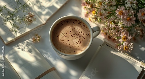 Cozy Coffee Cup Surrounded by Open Books and Delicate Flowers in a Warm, Sunl...