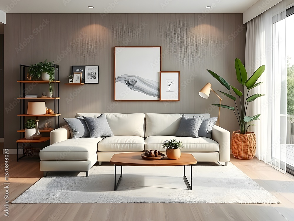 Fototapeta premium Cozy Living Room Interior Design Modern Sofa, Coffee Table, Plants, Artwork, and Stylish Decor.