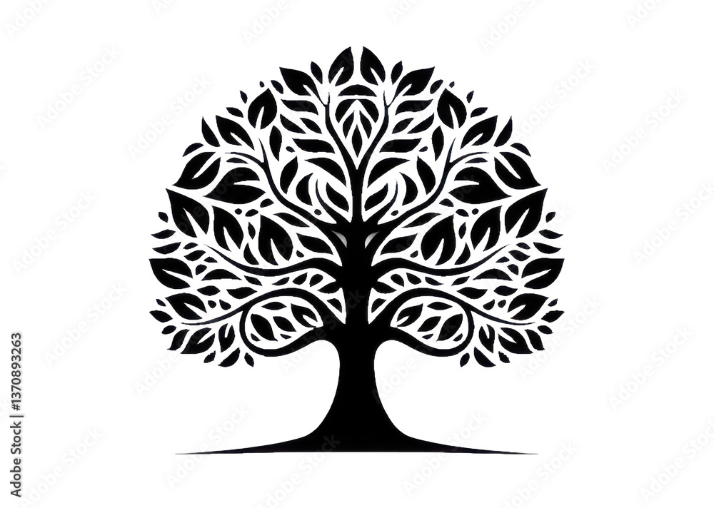 Obraz premium Illustration of a stylized tree with dense foliage in black and white on a black background