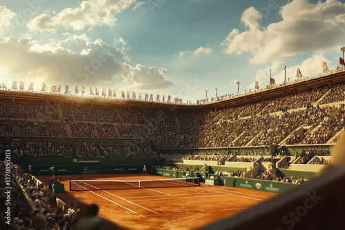 Warm morning tones fill the stadium, capturing the spirit of competition
