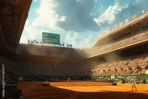 Morning light shines over the arena, creating a warm and active atmosphere