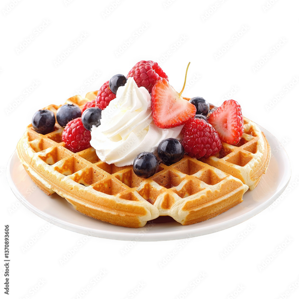 Delicious waffle topped with fresh berries and whipped cream for a decadent dessert on a transparent background transparent background Delicious waffle topped with fresh berries and whipped cream for a decadent dessert on a transparent background transparent background