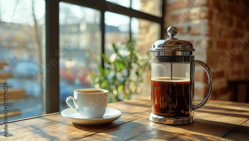 Freshly Brewed Coffee on a Wooden Table by a Large Window in a Cozy Cafe Setting