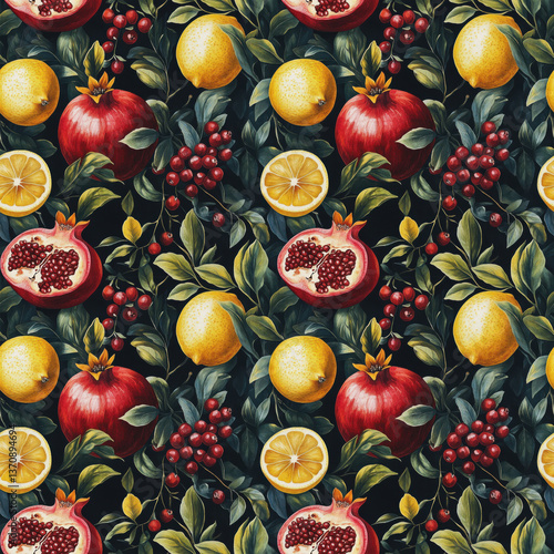 Midnight Orchard: Artistic Fruit & Foliage on Black Tile
