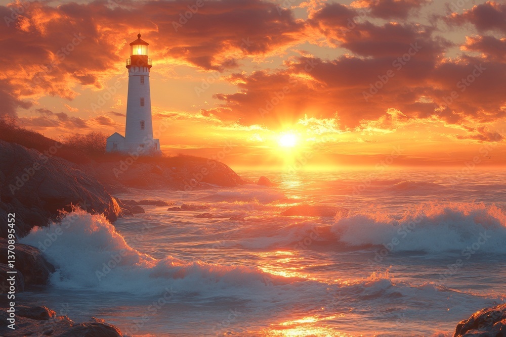 Red and white lighthouse glowing in warm light during dramatic sunset Red and white lighthouse glowing in warm light during dramatic sunset