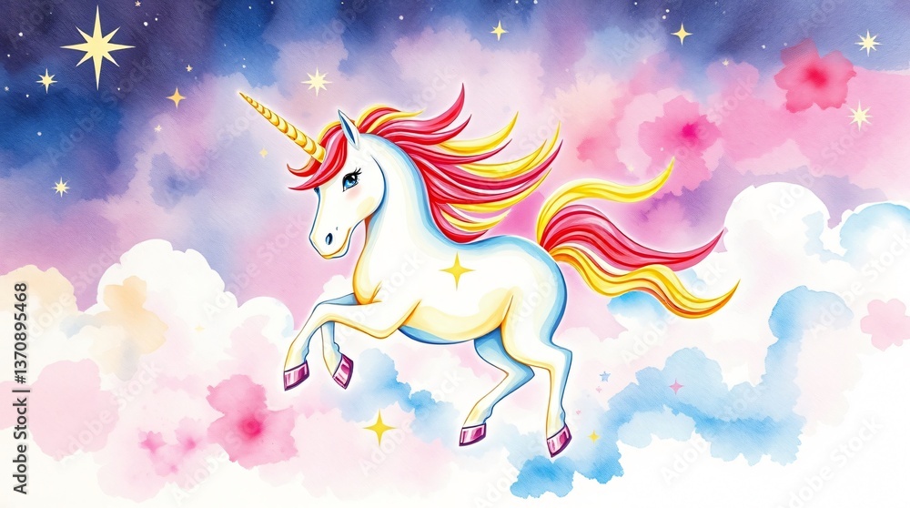 Magical unicorn with rainbow mane leaping through pastel clouds in dreamy starry sky illustration Magical unicorn with rainbow mane leaping through pastel clouds in dreamy starry sky illustration