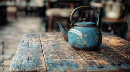 Rustic Blue Kettle Placed on an Aged Wooden Table in a Cozy Cafe Setting Duri...