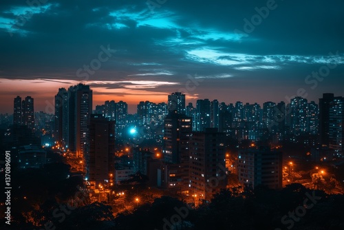 Panoramic view of modern city skyline during evening twilight