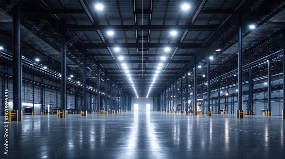 Vast empty warehouse interior with polished concrete floor and rows of metal support beams under bright lights offering a sense of scale and industrial space Vast empty warehouse interior with polished concrete floor and rows of metal support beams under bright lights offering a sense of scale and industrial space