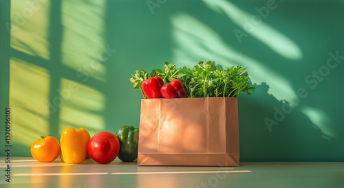 Fresh Vegetables in a Paper Bag Against Colorful Wall Background in Natural L...