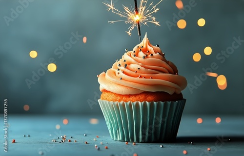 Delicious Cupcake Topped With Orange Frosting and Sparkler on a Festive Backg...