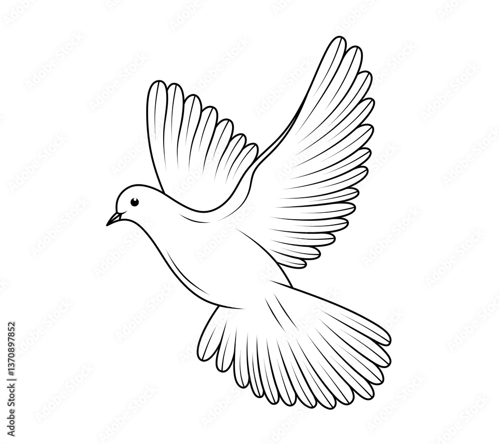 Obraz premium Flying elegant dove drawn with lines, symbol of peace, freedom and love, clip art. Flying bird with detailed feathers on wings and tail, line art. 