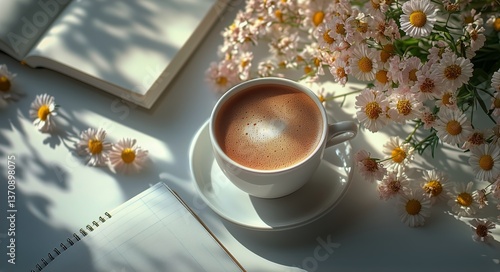 Cozy Coffee Cup Surrounded by Open Books and Delicate Flowers in a Warm, Sunl...
