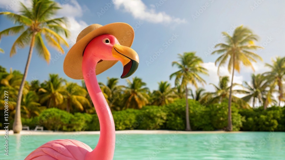 Obraz premium vacation vibes animal concept Vibrant pink flamingo wearing a hat stands by a tropical beach with palm trees and clear water.