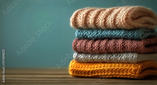 Colorful Knitted Sweaters Stacked Neatly on a Wooden Table With a Soft Backgr...