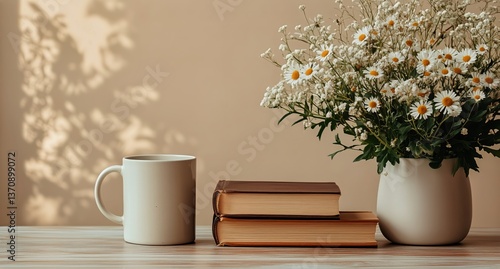 Beautiful Morning Light Illuminating a Cozy Coffee Setup With Flowers and Books