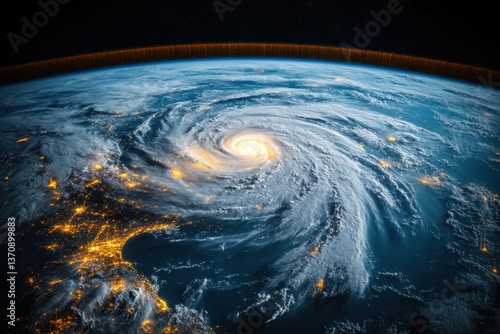 Dramatic aerial view of earth showing a powerful hurricane over city lights and cloud formations from space perspective