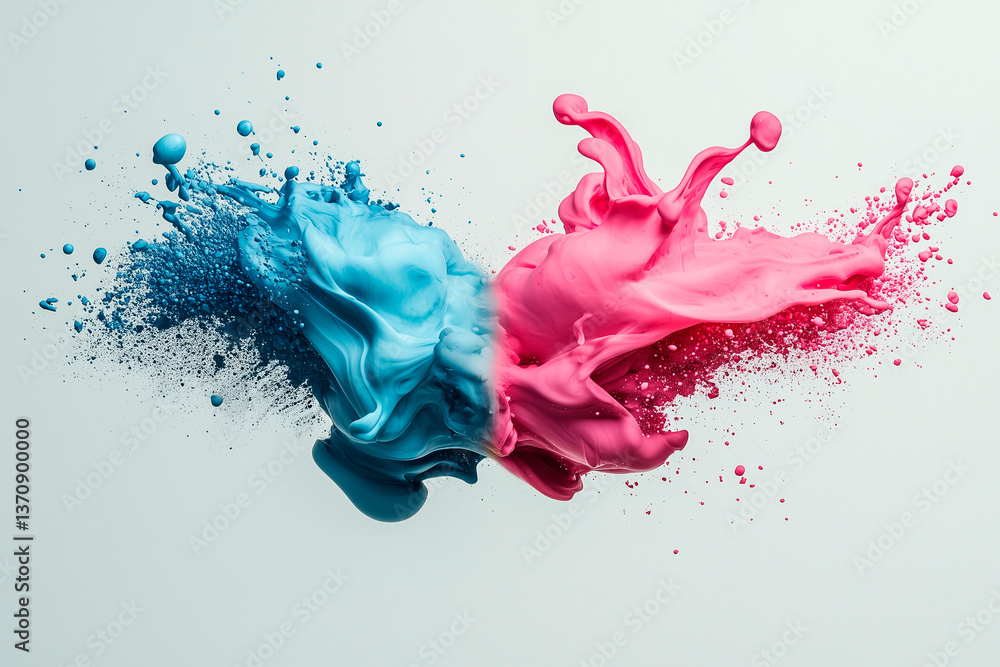 Fototapeta premium Fluorescent neon ink splashes swirling in mid-air, high-speed capture, glowing effect, hyperrealistic details, ultra-sharp focus, pure white background
