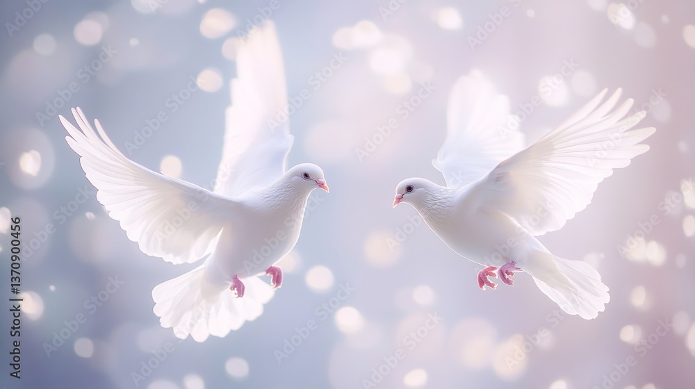 Fototapeta premium Two white doves in flight, soft background
