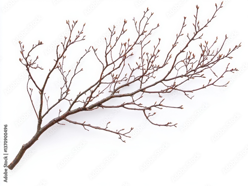 Fototapeta premium Budding branch on bright white backdrop creating a serene and minimalist composition for spring season