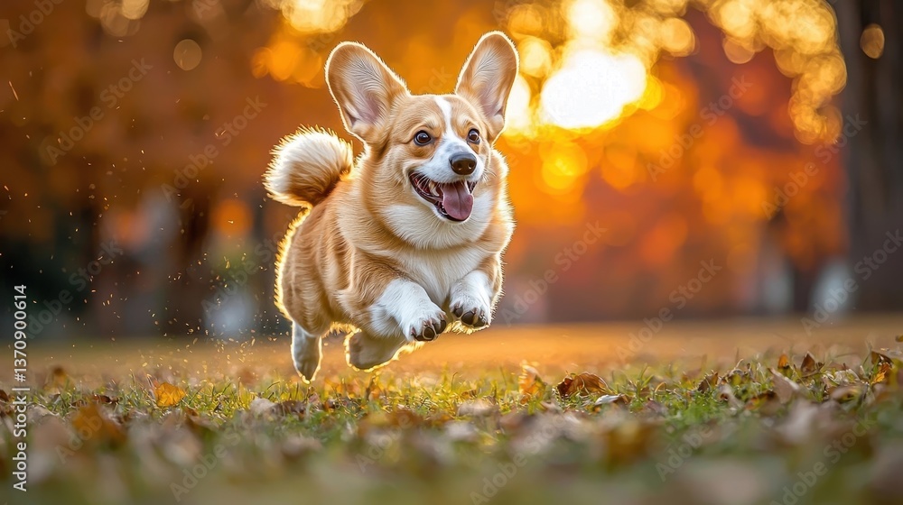 Happy Corgi Running Through Golden Field at Sunset with Warm Sunlight and Autumn Leaves in Background Happy Corgi Running Through Golden Field at Sunset with Warm Sunlight and Autumn Leaves in Background