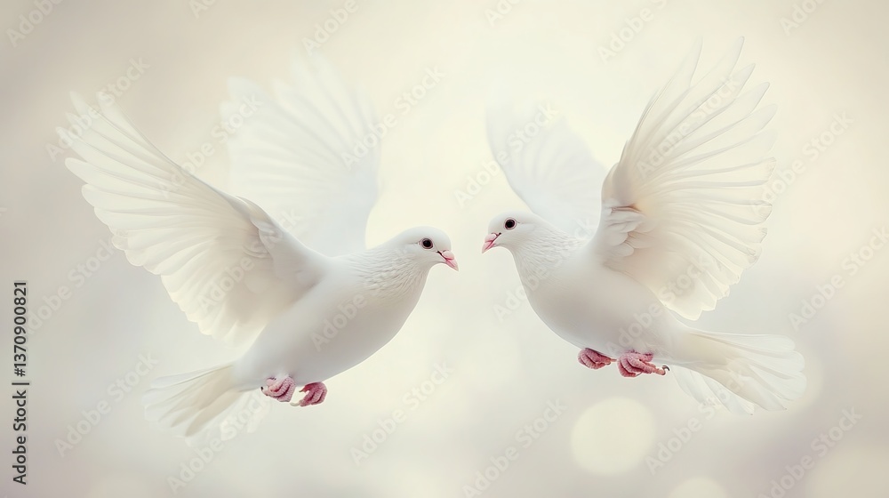 Fototapeta premium Two white doves in flight, soft background