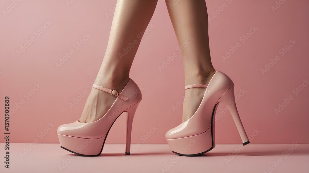 Women's legs with high heels on a pink background. Women's legs with high heels on a pink background.