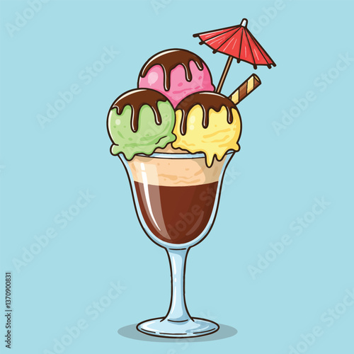 a charming and vibrant vector illustration of a delicious ice cream sundae served in a tall glass. The scene should evoke a sense of summer, indulgence, and joy.