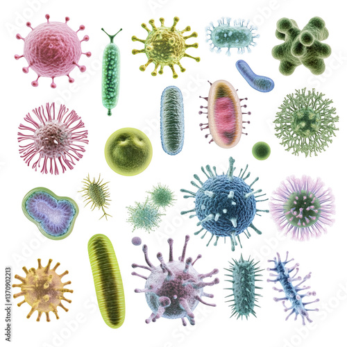 Diverse microscopic bacteria collection showcasing various bacterial species in vibrant colors, illustrating complexity and beauty of microbial life