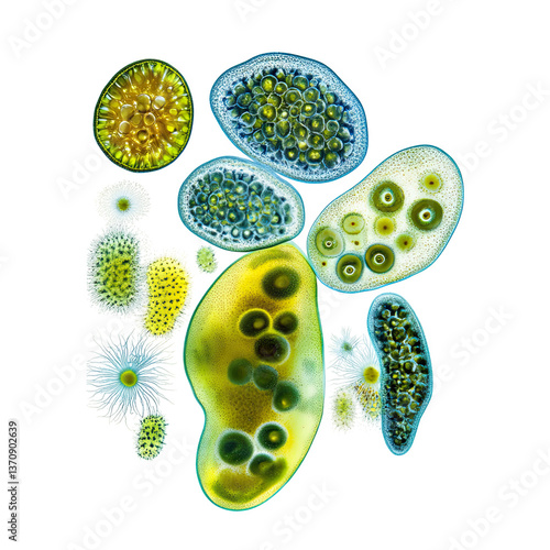 Colorful aquatic microorganisms display variety of shapes and textures, showcasing diversity of protists ecosystems. These organisms play vital role aquatic environments, contributing to