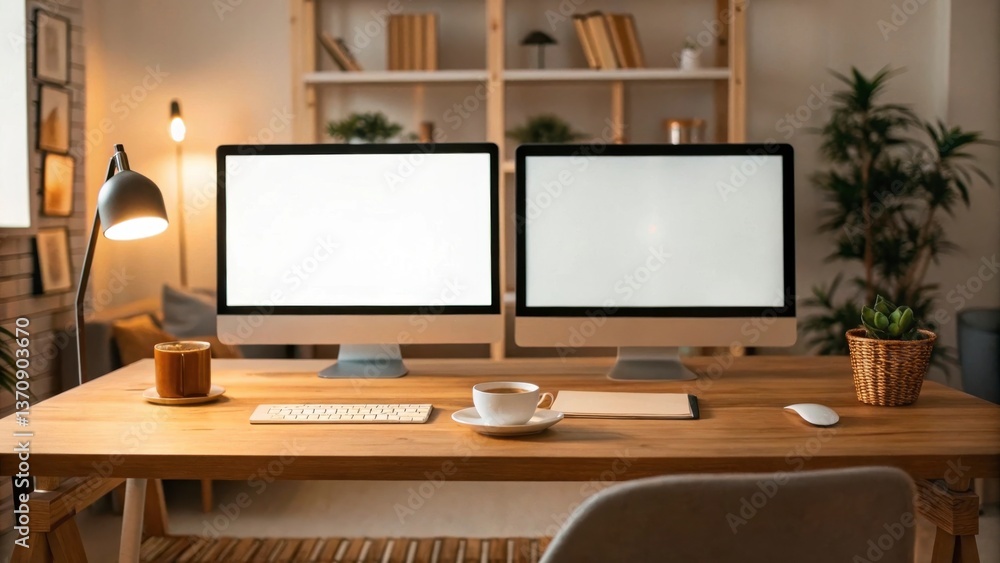 Remote Work Essentials concept Minimalist workspace featuring dual monitors, a wooden desk, and plants, promoting productivity and comfort. Remote Work Essentials concept Minimalist workspace featuring dual monitors, a wooden desk, and plants, promoting productivity and comfort.